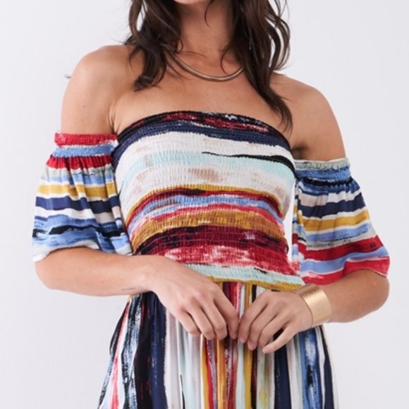 Stripe Print Off-The-Shoulder Puff Sleeve Smock La - Picture 2 of 4